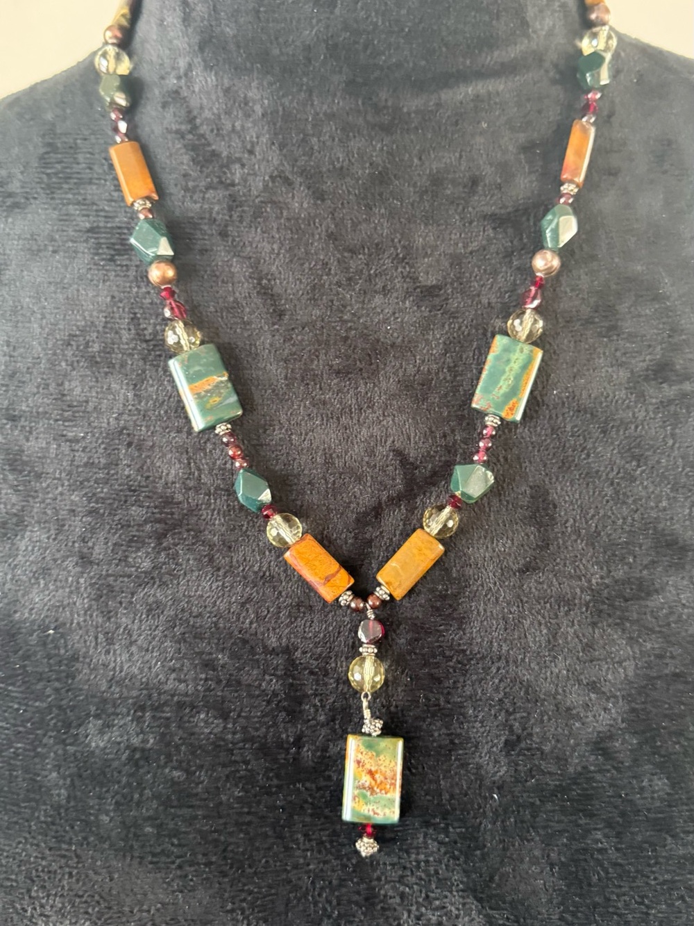 925 silver Handcrafted ocean jasper Green & Brown Beaded Pendant Necklace